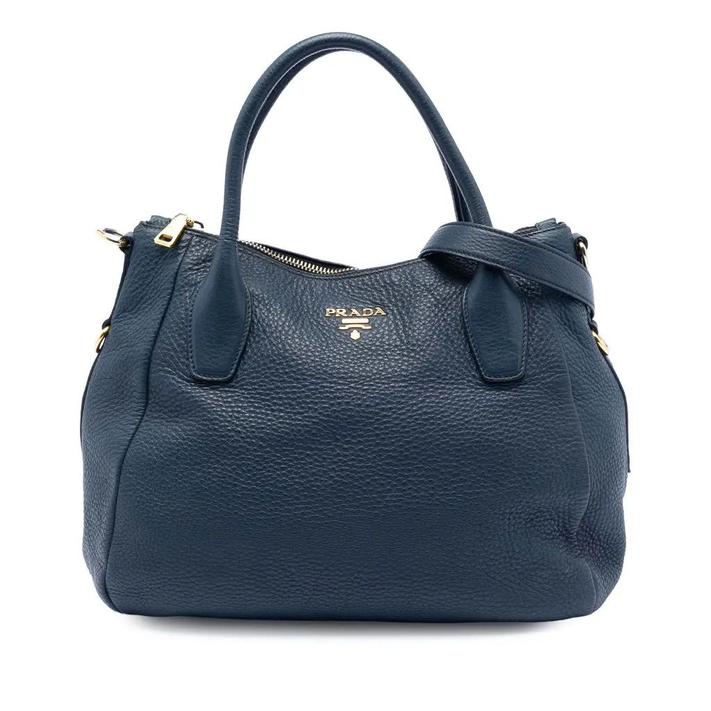 Prada Vitello Daino Sacca 2 Manici Convertible Tote Blue Leather Very good - Front View