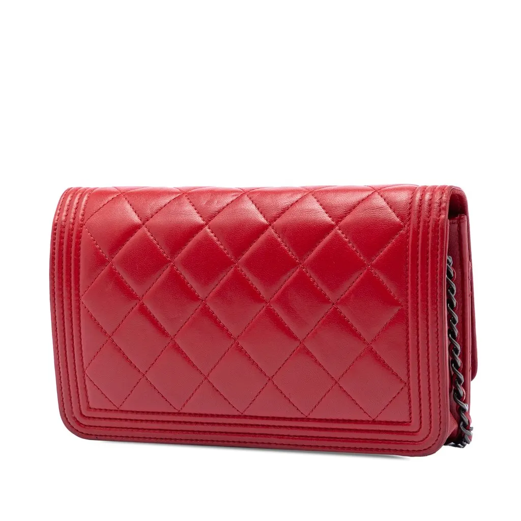 Chanel Quilted Lambskin Boy Wallet On Chain Red Leather Very good - Back View