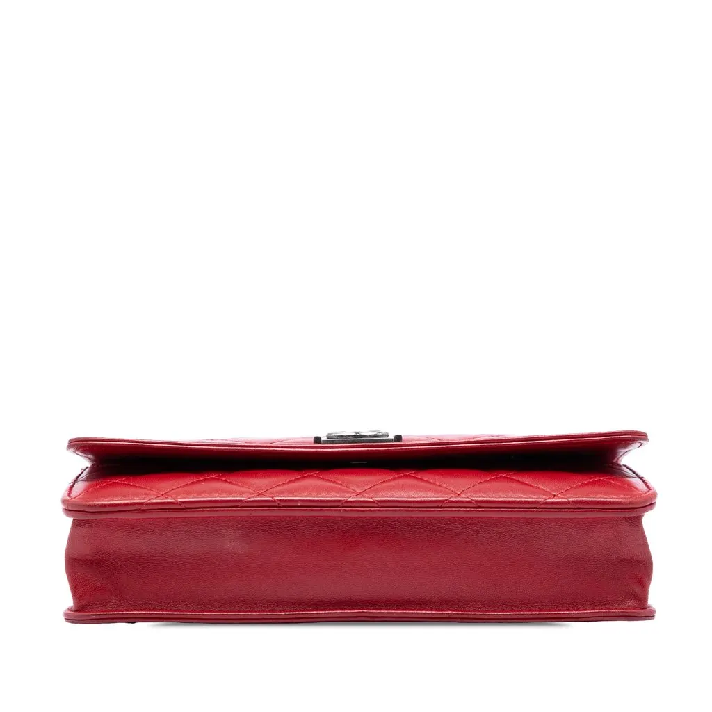 Chanel Quilted Lambskin Boy Wallet On Chain Red Leather Very good - Inside View