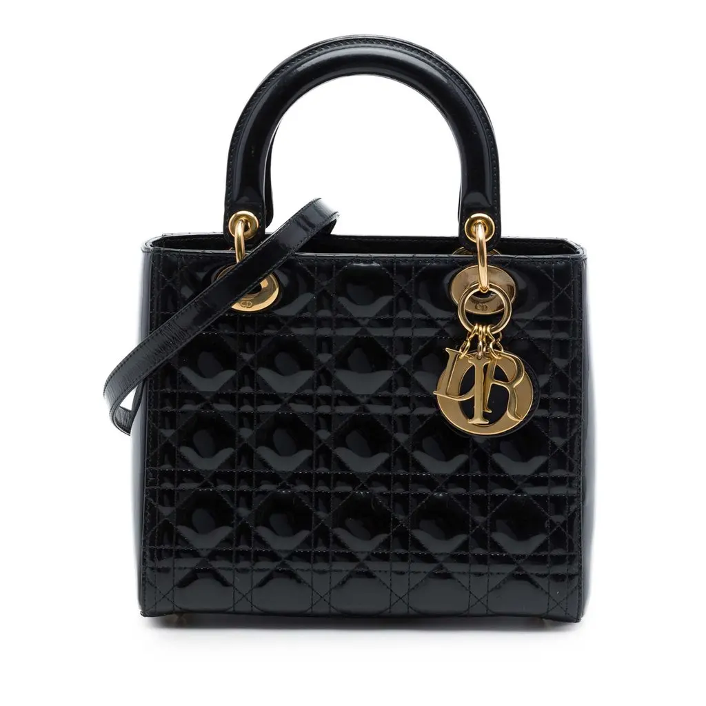 Dior Medium Patent Cannage Lady Dior Black Leather Good - Front View