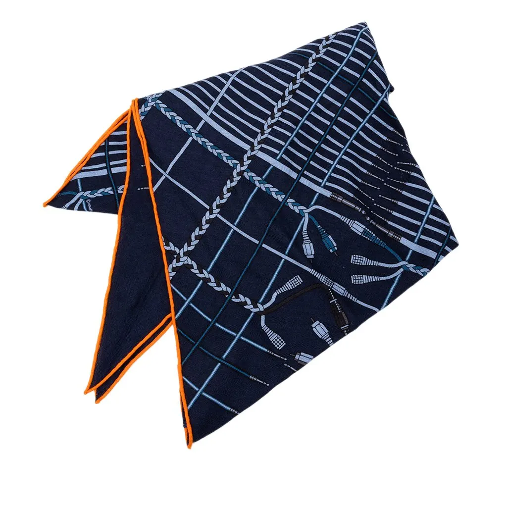 Hermès Unplugged Fringed Cashmere Silk Scarf 90 Blue Wool Never worn - Front View