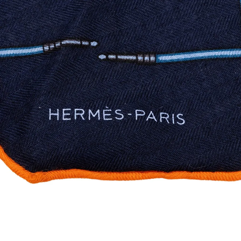 Hermès Unplugged Fringed Cashmere Silk Scarf 90 Blue Wool Never worn - Inside View