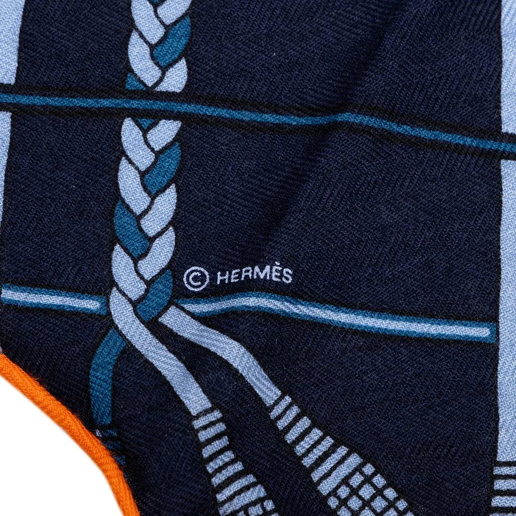 Hermès Unplugged Fringed Cashmere Silk Scarf 90 Blue Wool Never worn - Model View