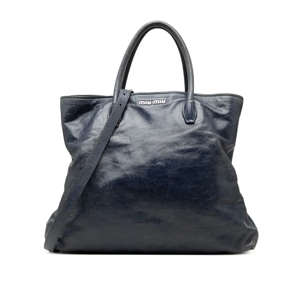 Miu Miu Crinkled Calfskin Convertible Tote Blue Leather Good - Front View