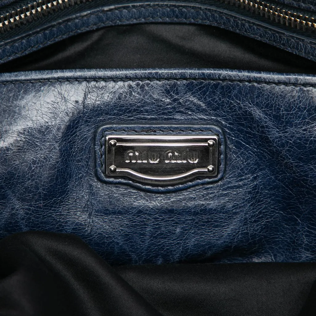 Miu Miu Crinkled Calfskin Convertible Tote Blue Leather Good - Box View