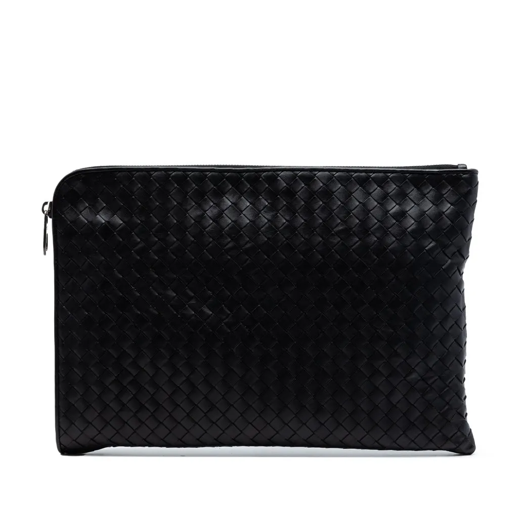 Bottega Veneta Large Nappa Intrecciato Zip Pouch Blue Leather Very good - Front View