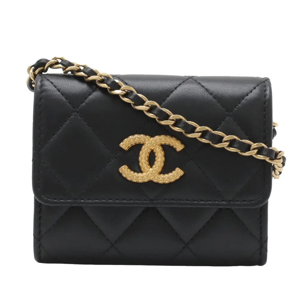 Chanel CC Quilted Lambskin Coin Purse With Chain Black Leather Very good - Front View