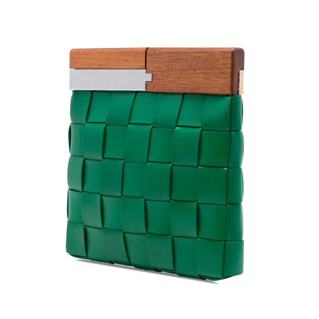 Bottega Veneta Lambskin Maxi Intrecciato The Snap Clutch Green Leather Very good - Back View
