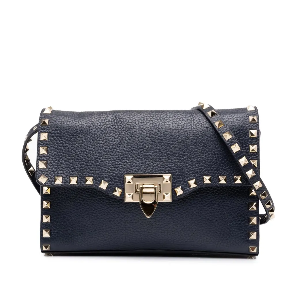 Valentino Medium Pebbled Calfskin Rockstud Flip Lock Crossbody Blue Leather Very good - Front View