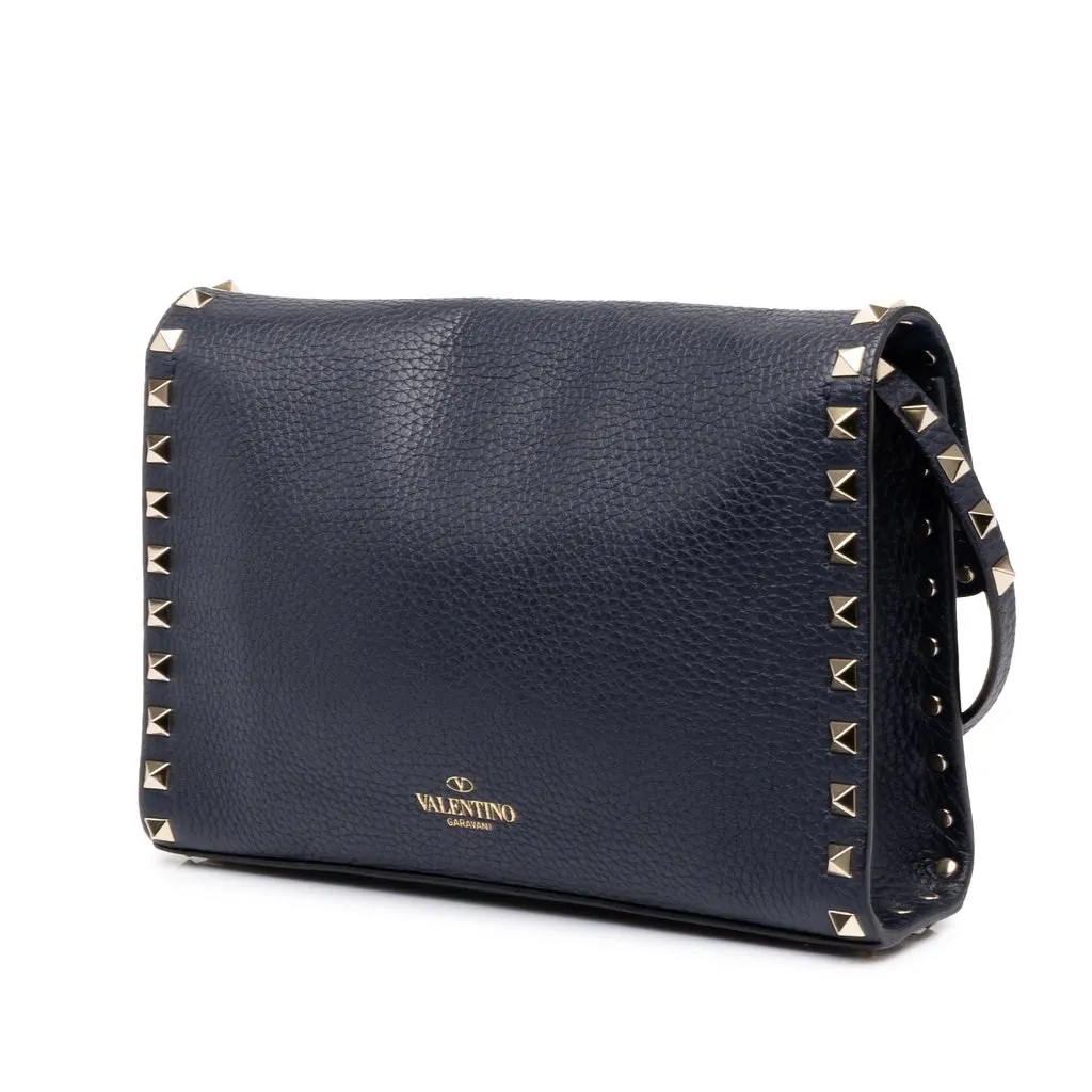 Valentino Medium Pebbled Calfskin Rockstud Flip Lock Crossbody Blue Leather Very good - Back View