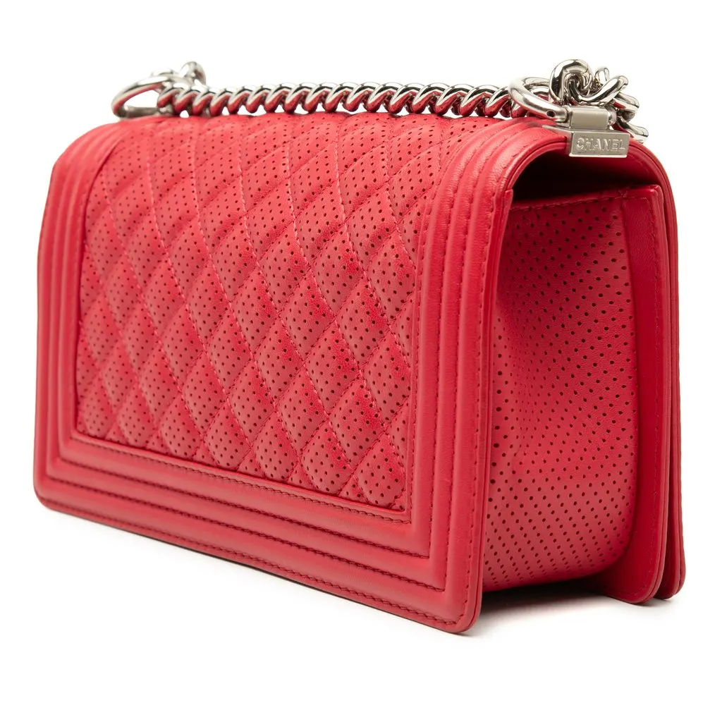 Chanel Old Medium Quilted Perforated Lambskin Boy Flap Red Leather Very good - Back View