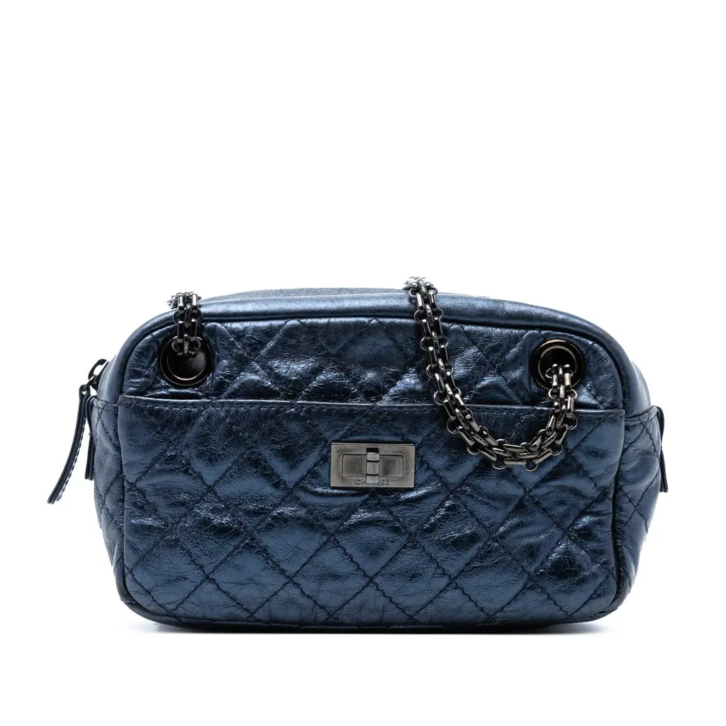 Chanel Small Metallic Quilted Aged Calfskin Reissue Camera Bag Blue Leather Very good - Front View