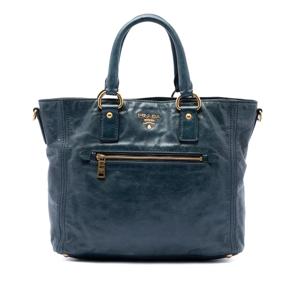 Prada Vitello Shine Front Pocket Convertible Tote Blue Leather Very good - Front View
