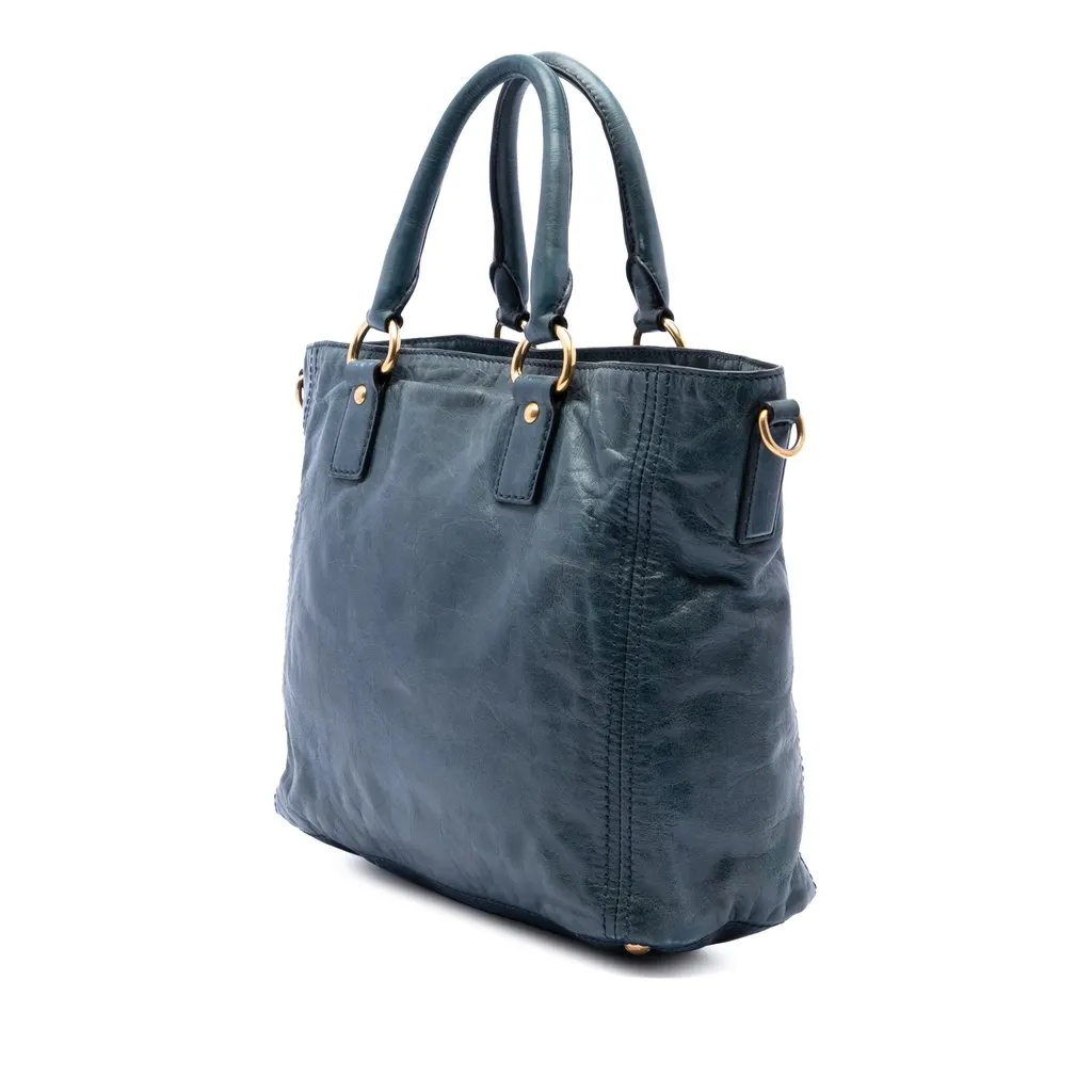 Prada Vitello Shine Front Pocket Convertible Tote Blue Leather Very good - Back View