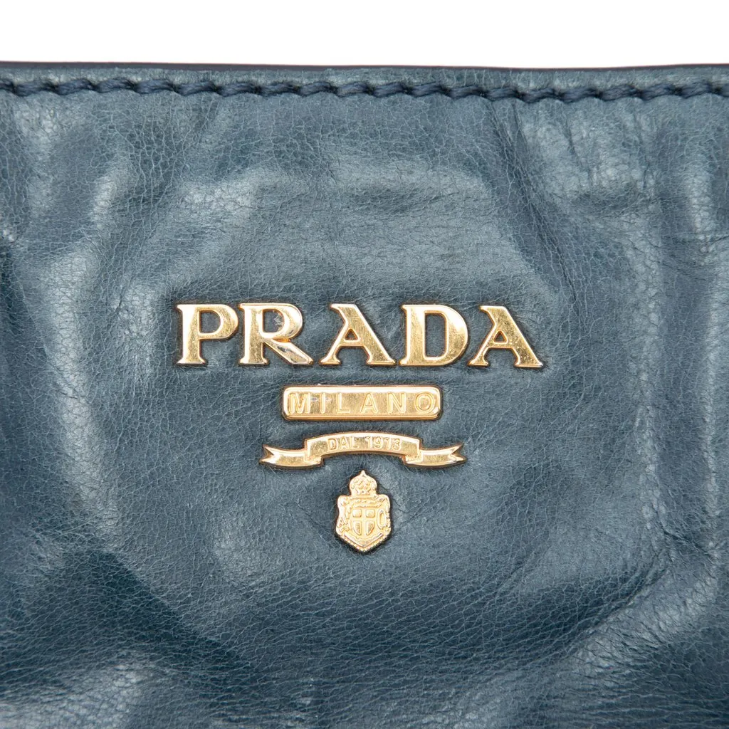 Prada Vitello Shine Front Pocket Convertible Tote Blue Leather Very good - Box View