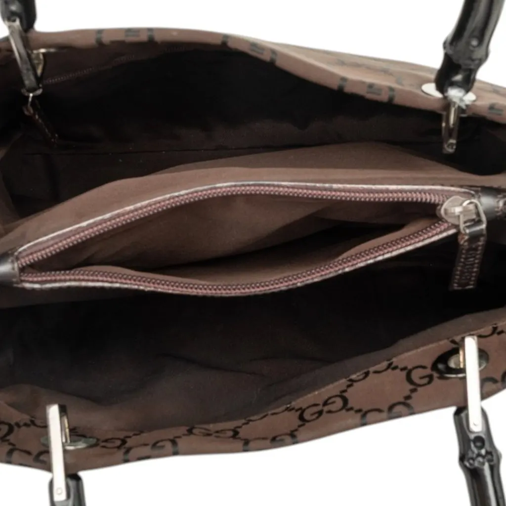 Gucci GG Nylon Bamboo Satchel Brown Very good - Model View