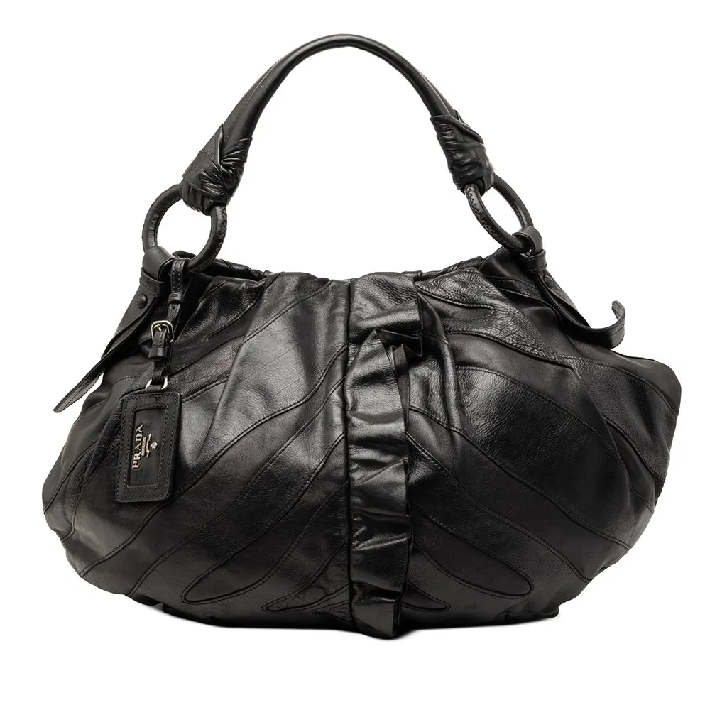 Prada Nappa Mordore Ruffle Hobo Black Leather Very good - Front View