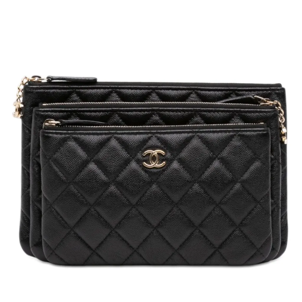 Chanel CC Quilted Caviar Multi Zip Pouch Black Leather Very good - Front View