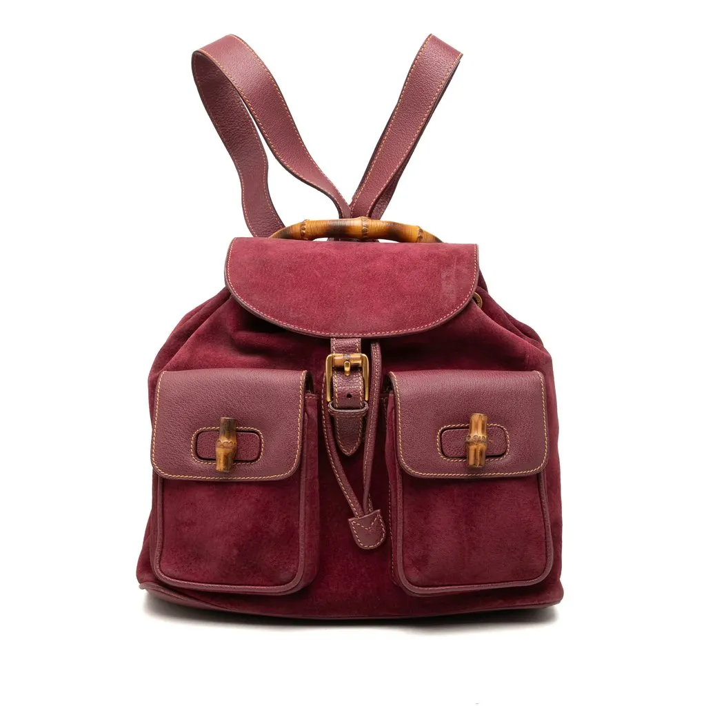 Gucci Large Suede Bamboo Drawstring Backpack Red Suede Good - Front View