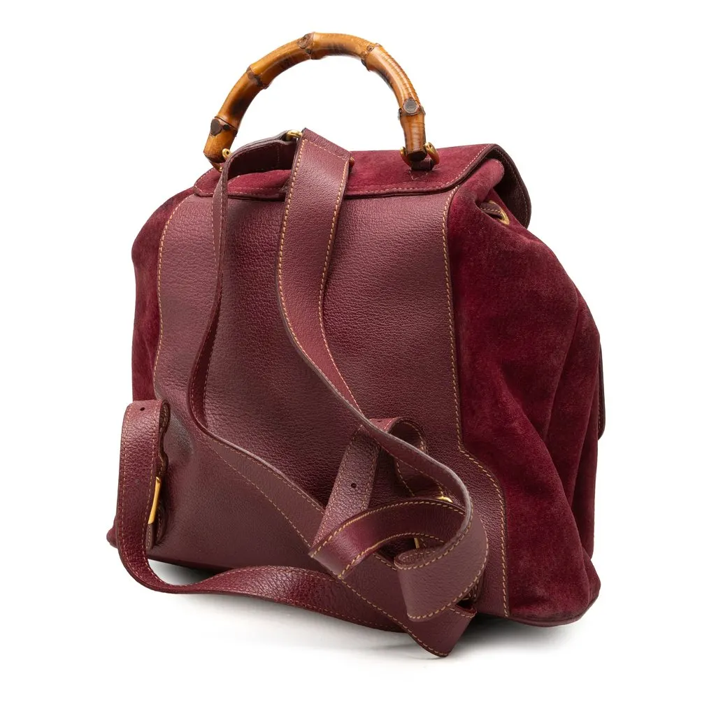 Gucci Large Suede Bamboo Drawstring Backpack Red Suede Good - Back View