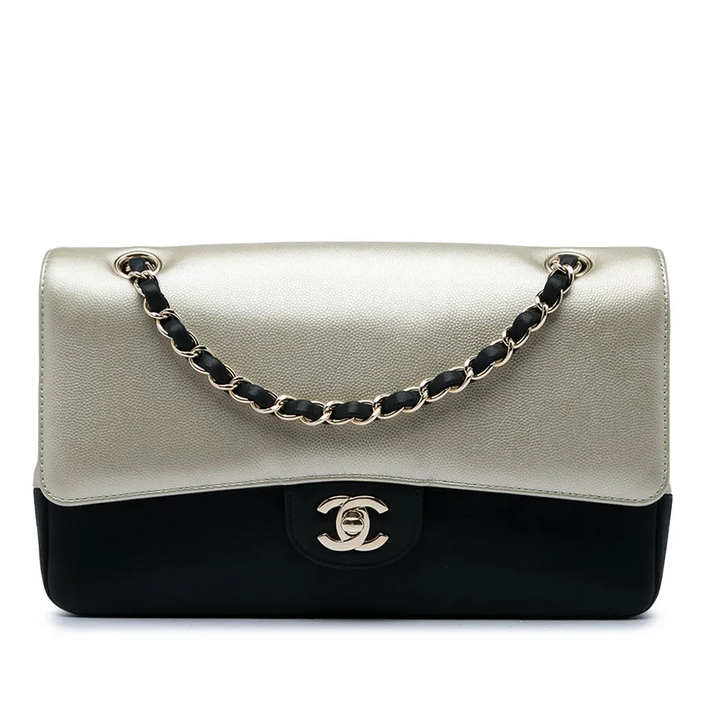 Chanel Medium Classic Bicolor Caviar and Iridescent Calfskin Double Flap Gold Leather Very good - Front View