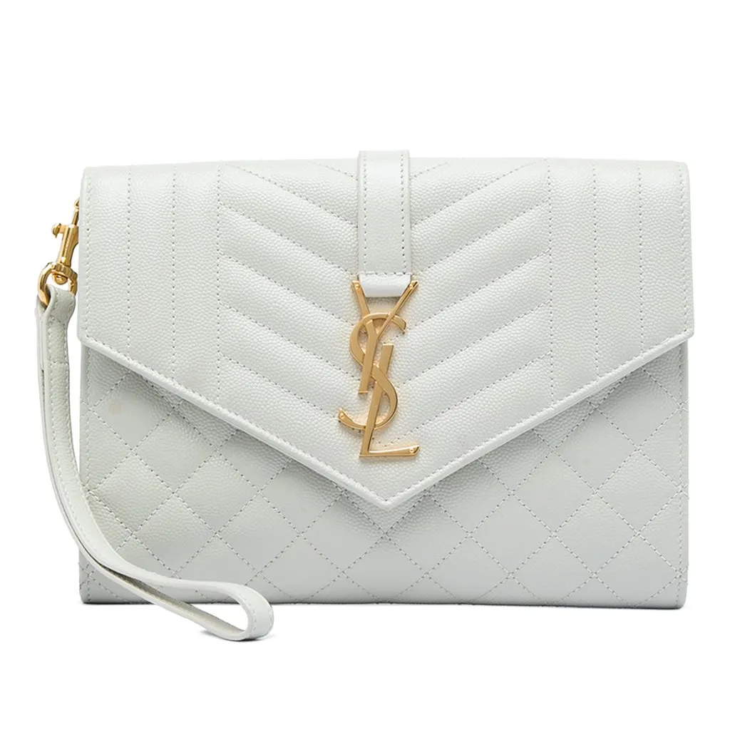 Saint Laurent Grain De Poudre Triquilt Monogram Envelope Clutch White Leather Very good - Front View