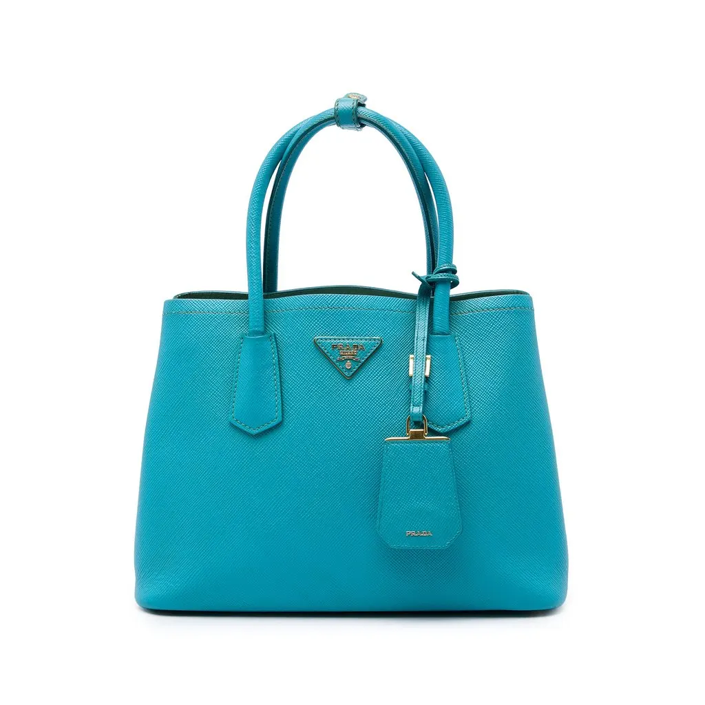 Prada Medium Saffiano Cuir Double Satchel Blue Leather Good - Front View