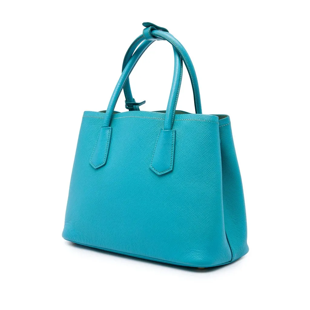 Prada Medium Saffiano Cuir Double Satchel Blue Leather Good - Back View