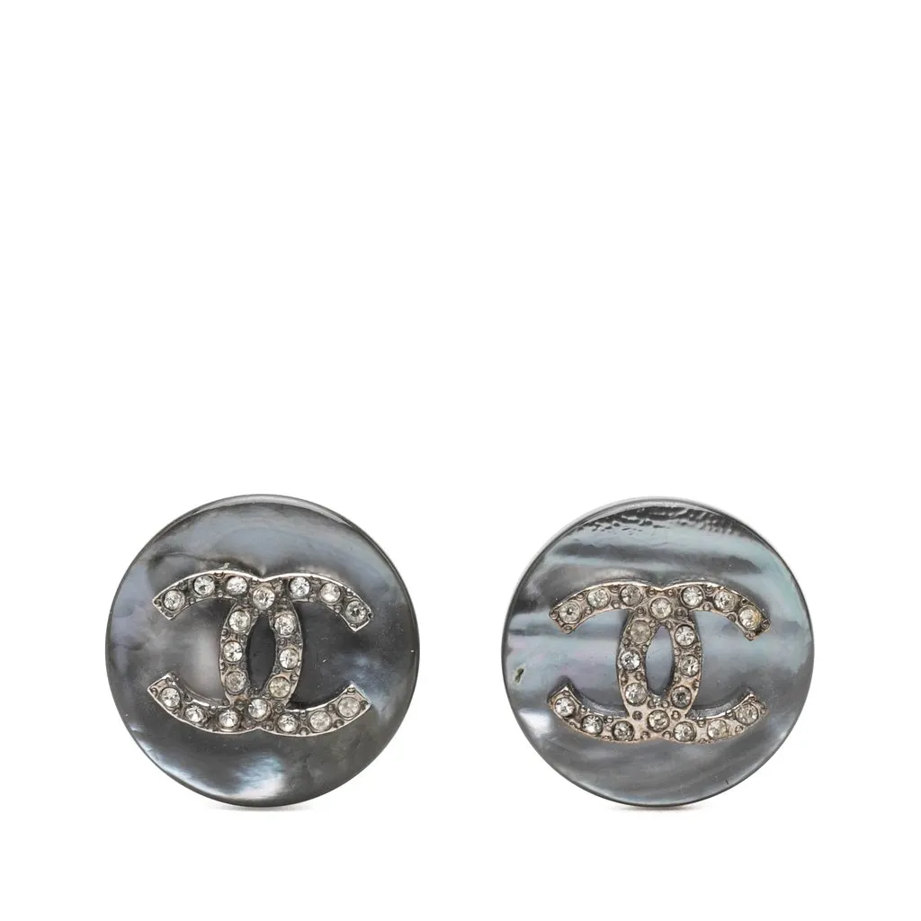 Chanel CC Faux Pearl Strass Clip On Earrings Grey Very good - Front View