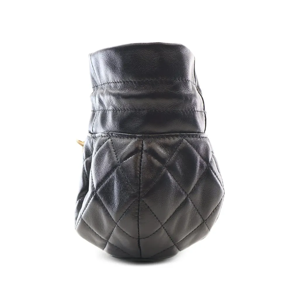 Chanel CC Shiny Lambskin Quilted Drawstring Clutch with Chain Black Leather Very good - Back View