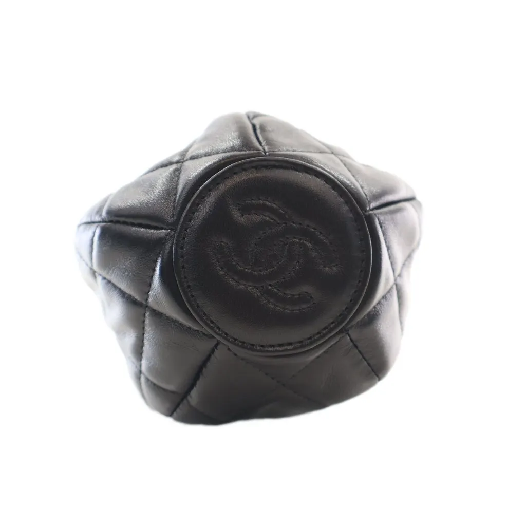 Chanel CC Shiny Lambskin Quilted Drawstring Clutch with Chain Black Leather Very good - Model View