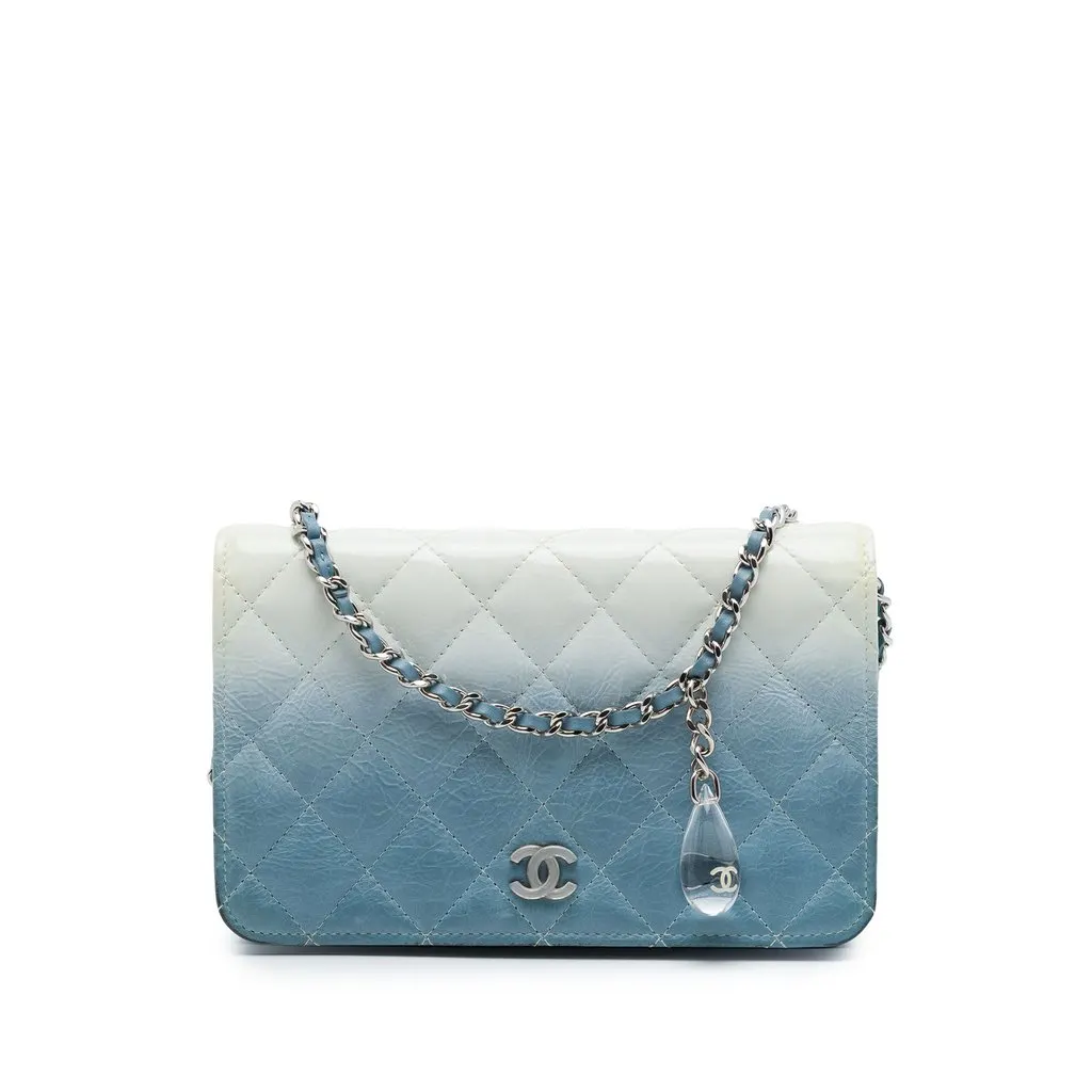 Chanel CC Quilted Ombre Patent and Aged Calfskin Crystal Wallet On Chain Blue Leather Very good - Front View