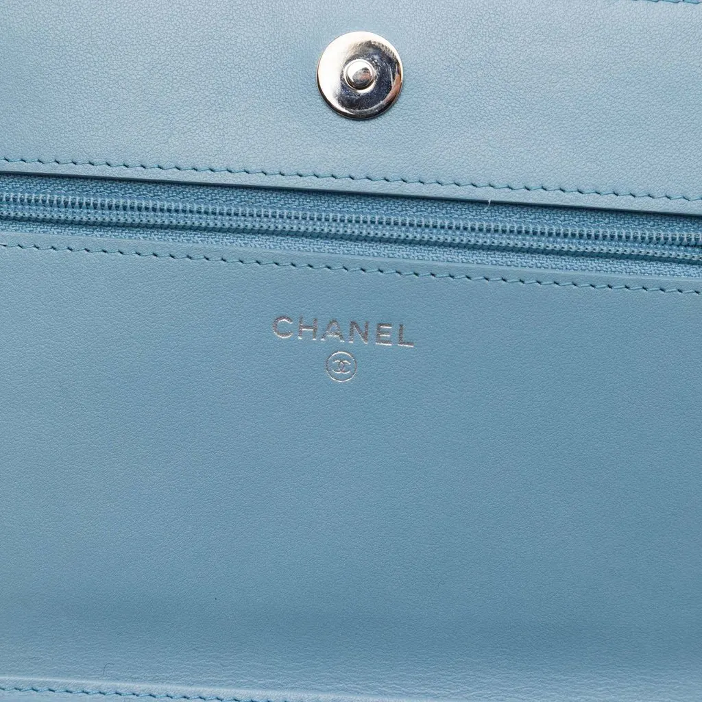 Chanel CC Quilted Ombre Patent and Aged Calfskin Crystal Wallet On Chain Blue Leather Very good - Box View