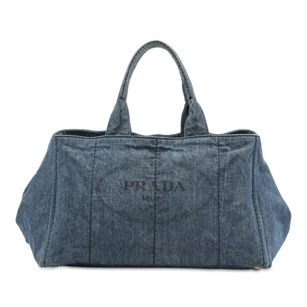 Prada Large Denim Canapa Logo Tote Blue Good - Front View