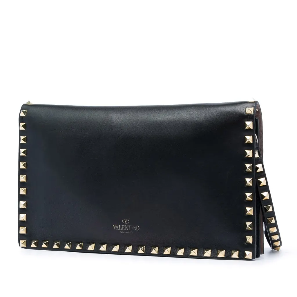 Valentino Leather Rockstud Flap Clutch Black Leather Very good - Back View