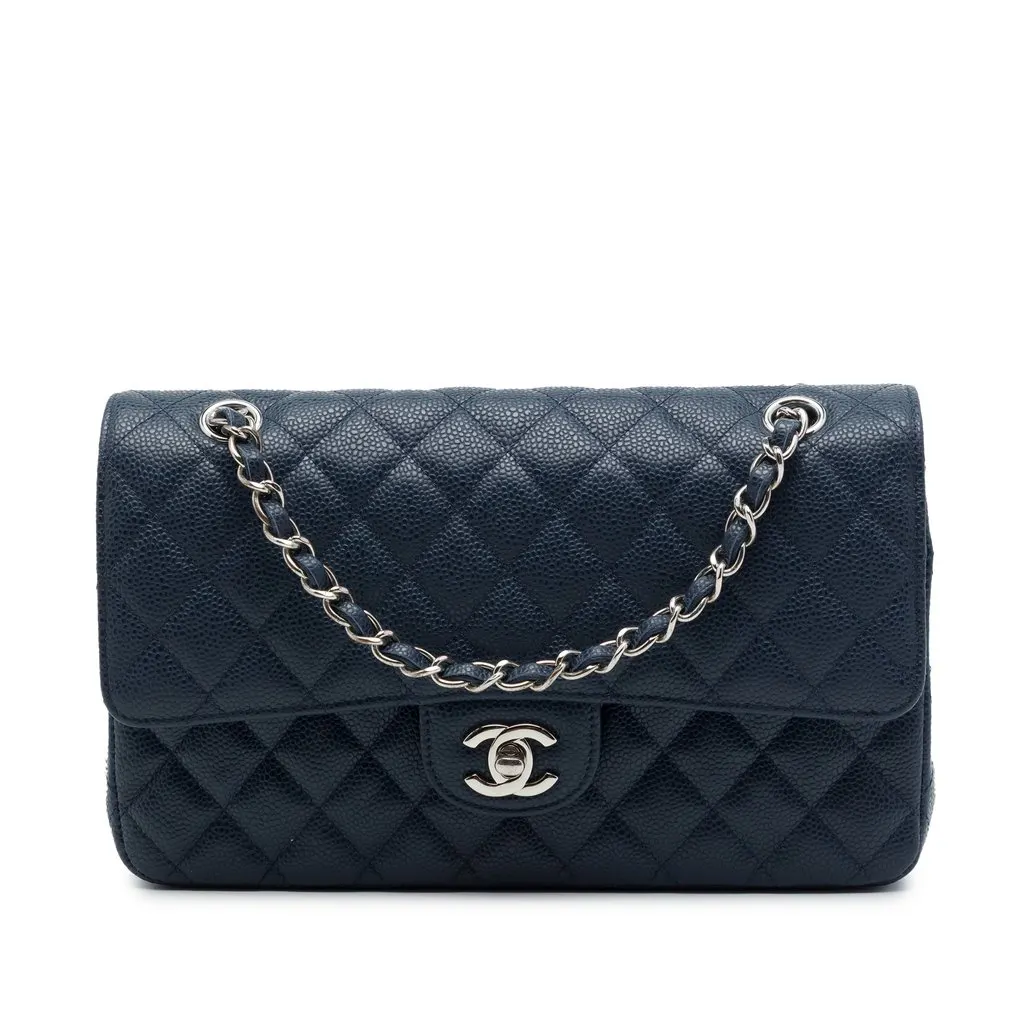Chanel Medium Classic Caviar Double Flap Blue Leather Very good - Front View