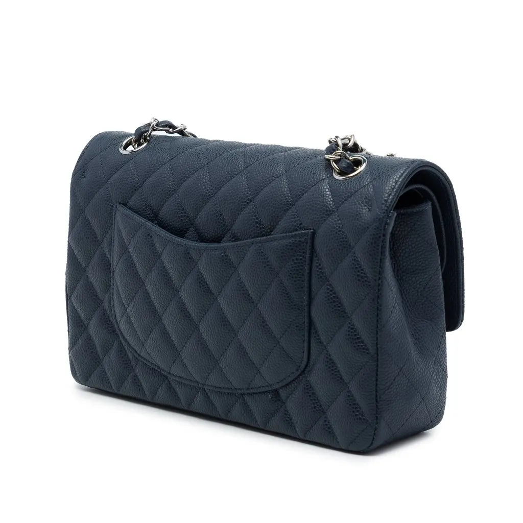 Chanel Medium Classic Caviar Double Flap Blue Leather Very good - Back View