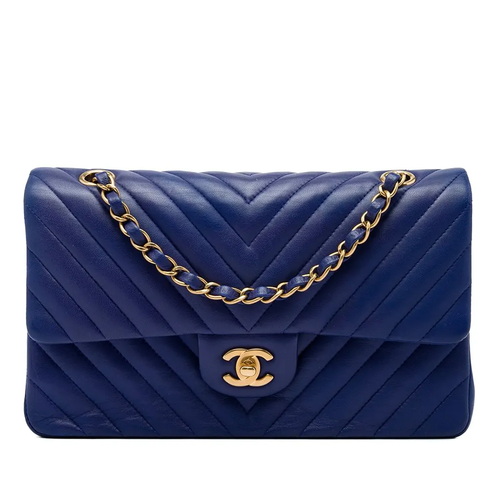 Chanel Medium Classic Chevron Lambskin Double Flap Blue Leather Very good - Front View