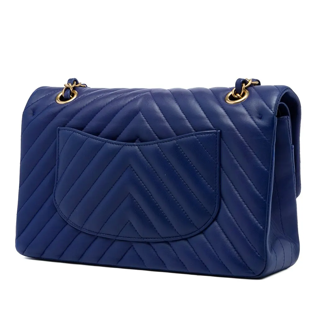 Chanel Medium Classic Chevron Lambskin Double Flap Blue Leather Very good - Back View