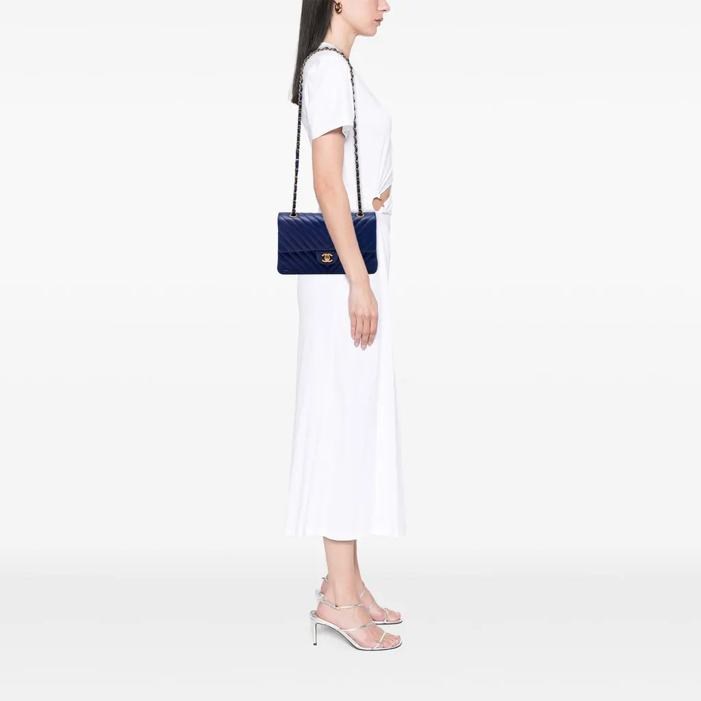 Chanel Medium Classic Chevron Lambskin Double Flap Blue Leather Very good - Box View