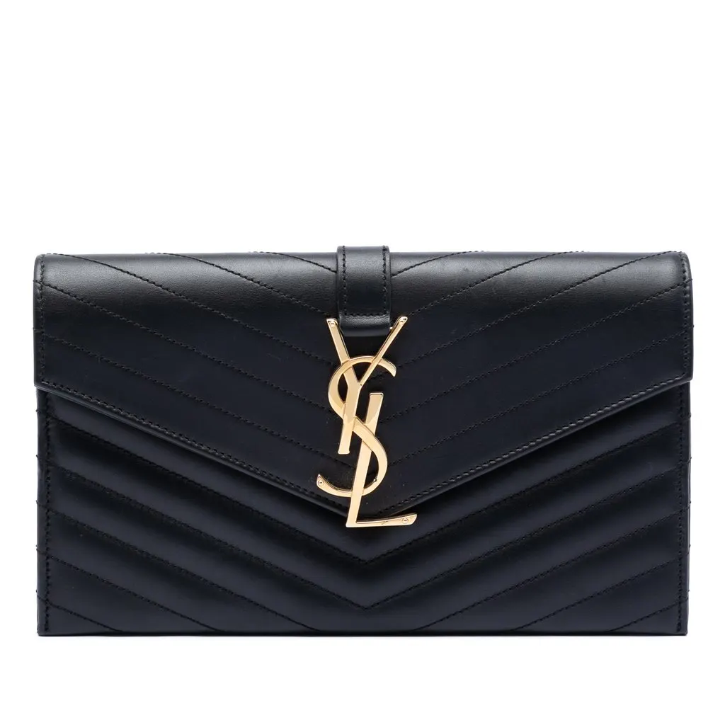 Saint Laurent Lambskin Chevron Monogram Clutch Black Leather Very good - Front View