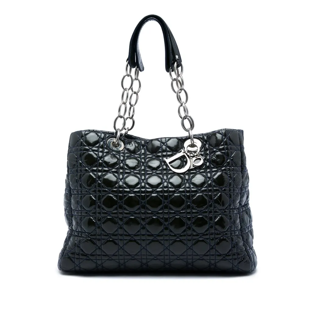 Dior Large Patent Cannage Lady Dior Soft Shopping Tote Blue Leather Very good - Front View