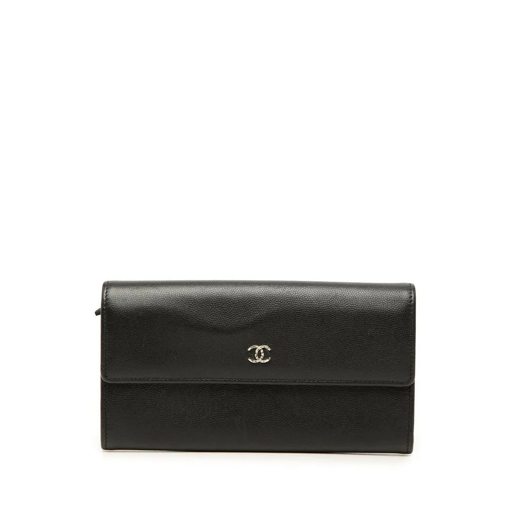 Chanel CC Caviar Flap Long Wallet Black Leather Very good - Front View