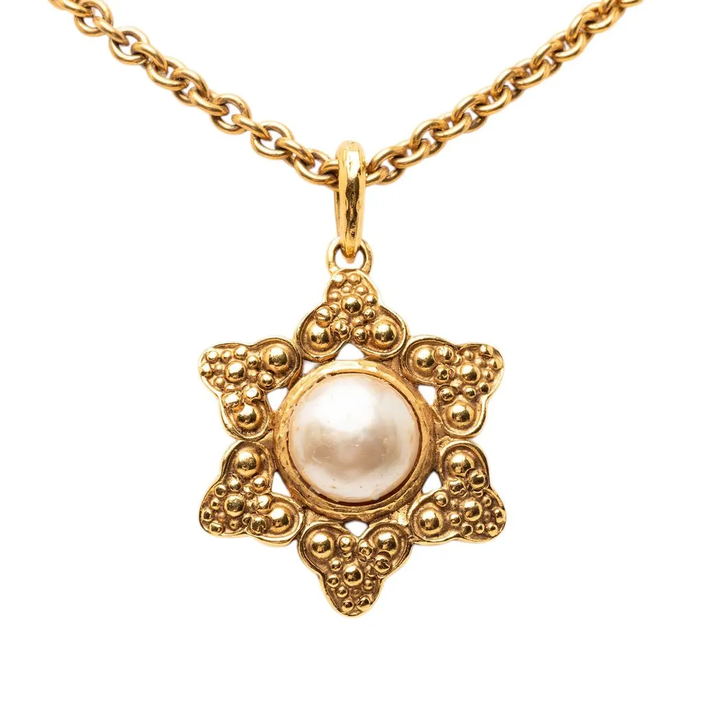 Chanel Gold Plated Faux Pearl 6 Point Star Pendant Necklace Gold Metal Very good - Back View
