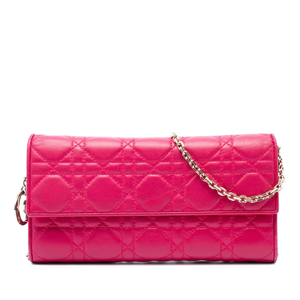 Dior Lambskin Cannage Lady Dior Wallet On Chain Pink Leather Very good - Front View