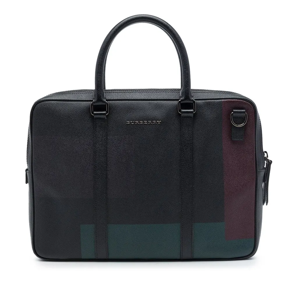 Burberry Grained Calfskin Colorblock Newburg Business Bag Black Leather Good - Front View
