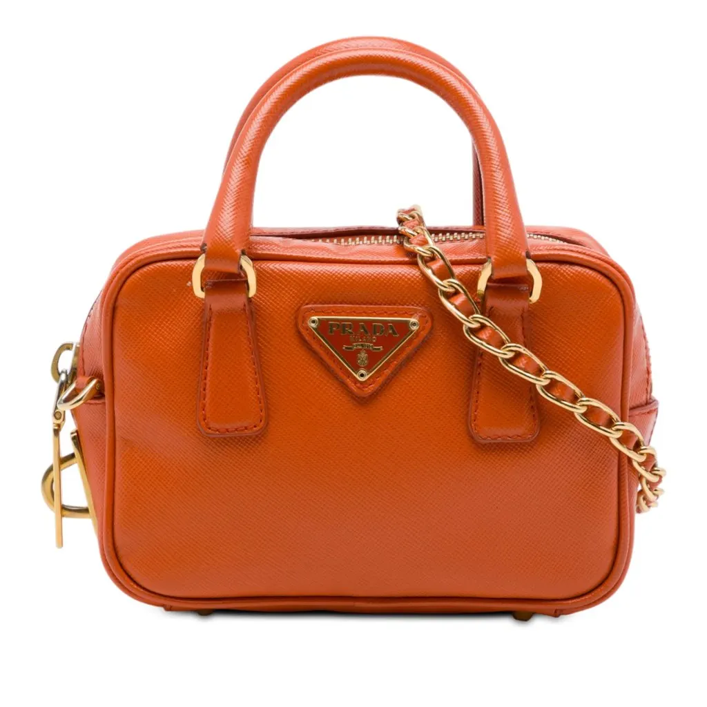 Prada Mini Saffiano Lux Bauletto Bag Orange Leather Good - Front View