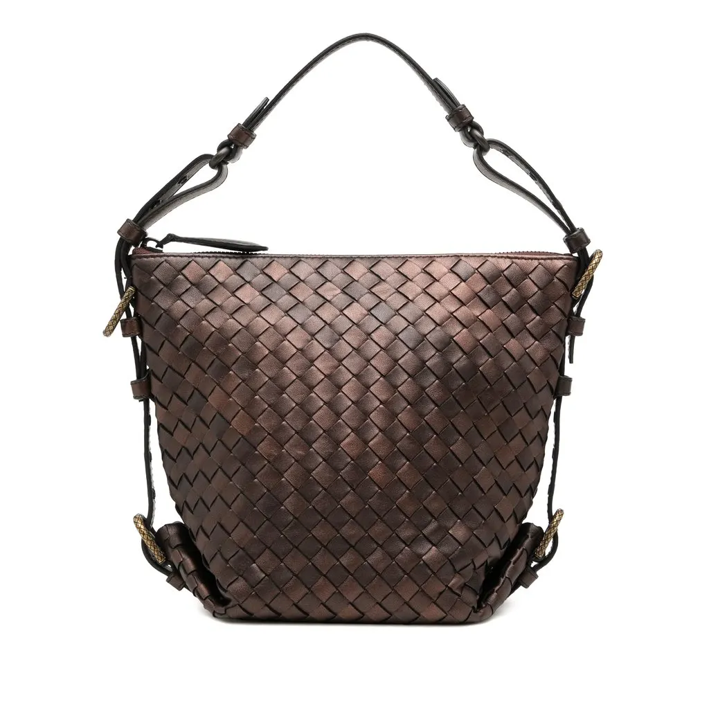 Bottega Veneta Metallic Nappa Intrecciato Belted Loop Handbag Brown Leather Very good - Front View