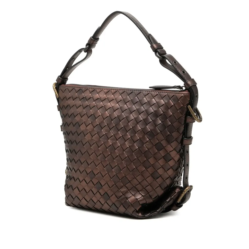 Bottega Veneta Metallic Nappa Intrecciato Belted Loop Handbag Brown Leather Very good - Back View