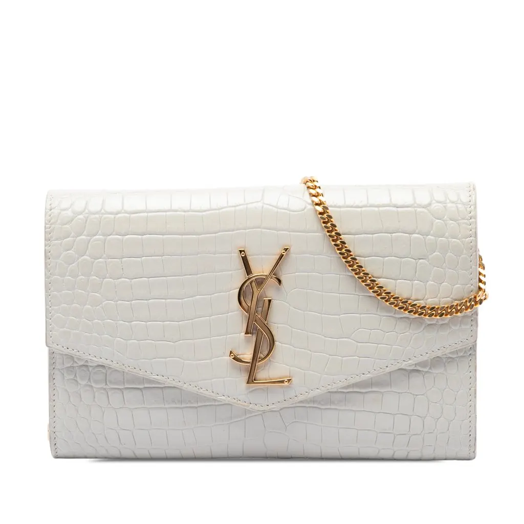 Saint Laurent Croc Embossed Leather Uptown Chain Wallet White Leather Very good - Front View